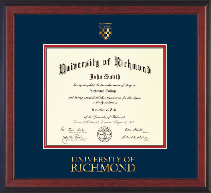Image of University of Richmond Diploma Frame - Cherry Reverse - w/Embossed Seal & Wordmark - Navy on Red mats