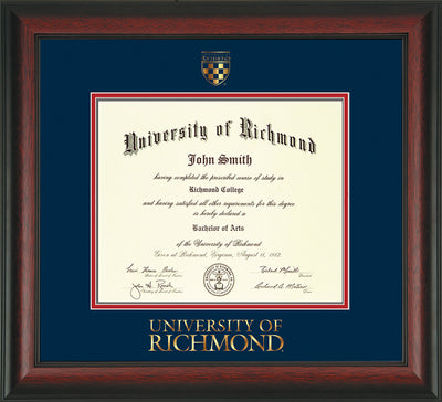 Image of University of Richmond Diploma Frame - Rosewood - w/Embossed Seal & Wordmark - Navy on Red mats