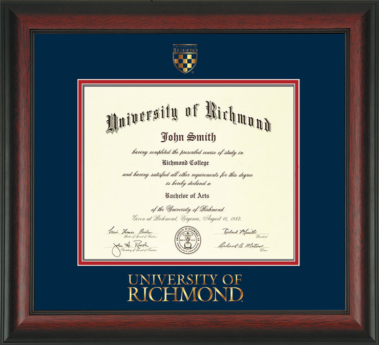 Image of University of Richmond Diploma Frame - Rosewood - w/Embossed Seal & Wordmark - Navy on Red mats