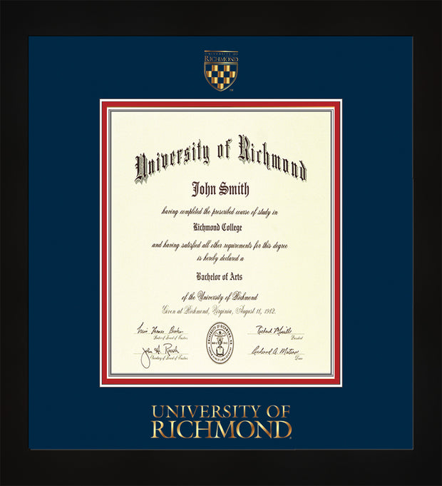 Image of University of Richmond Diploma Frame - Flat Matte Black - w/Embossed Seal & Wordmark - Navy on Red mats - LAW size