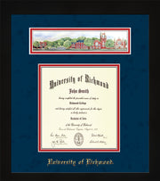 Image of University of Richmond Diploma Frame - Flat Matte Black - w/Embossed School Name Only - Campus Collage - Navy Suede on Red mat