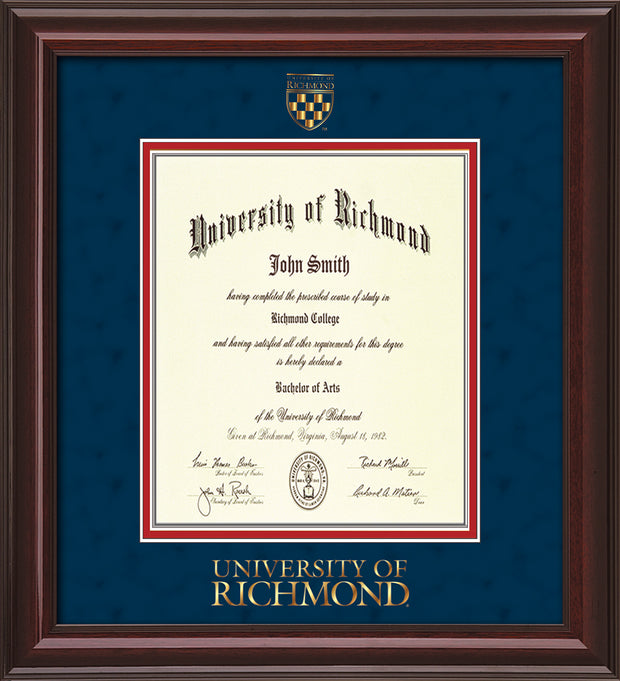 University of Richmond Diploma Frame - Mahogany Lacquer - w/Embossed Seal & Wordmark - Navy Suede on Red mats - LAW size