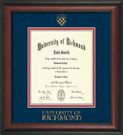 Image of University of Richmond Diploma Frame - Rosewood - w/Embossed Seal & Wordmark - Navy Suede on Red mats - LAW size