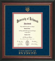 Image of University of Richmond Diploma Frame - Rosewood with Gold Lip - w/Embossed Seal & Wordmark - Navy Suede on Red mats - LAW size