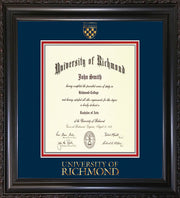 Image of University of Richmond Diploma Frame - Vintage Black Scoop - w/Embossed Seal & Wordmark - Navy on Red mats - LAW size