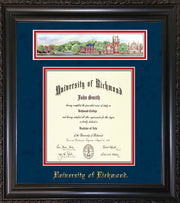 Image of University of Richmond Diploma Frame - Vintage Black Scoop - w/Embossed School Name Only - Campus Collage - Navy Suede on Red mat - LAW size