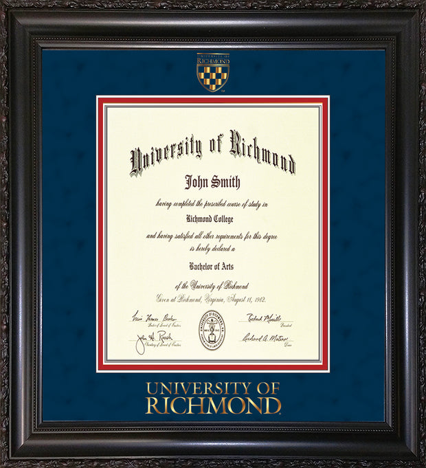 Image of University of Richmond Diploma Frame - Vintage Black Scoop - w/Embossed Seal & Wordmark - Navy Suede on Red mats - LAW size