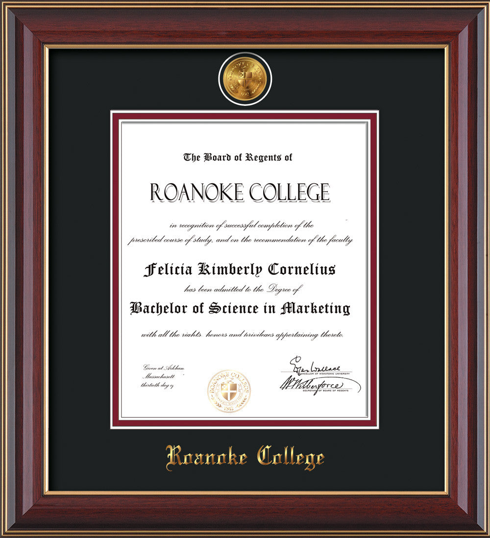 Roanoke College Diploma Frame-Che Lacquer-w/RC Medallion-Black