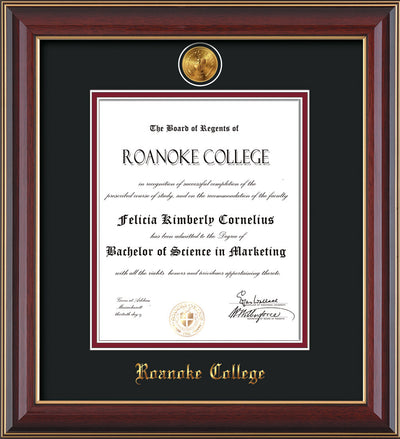 Image of Roanoke College Diploma Frame - Cherry Lacquer - w/24k Gold-Plated Medallion RC Name Embossing - Black on Maroon mats