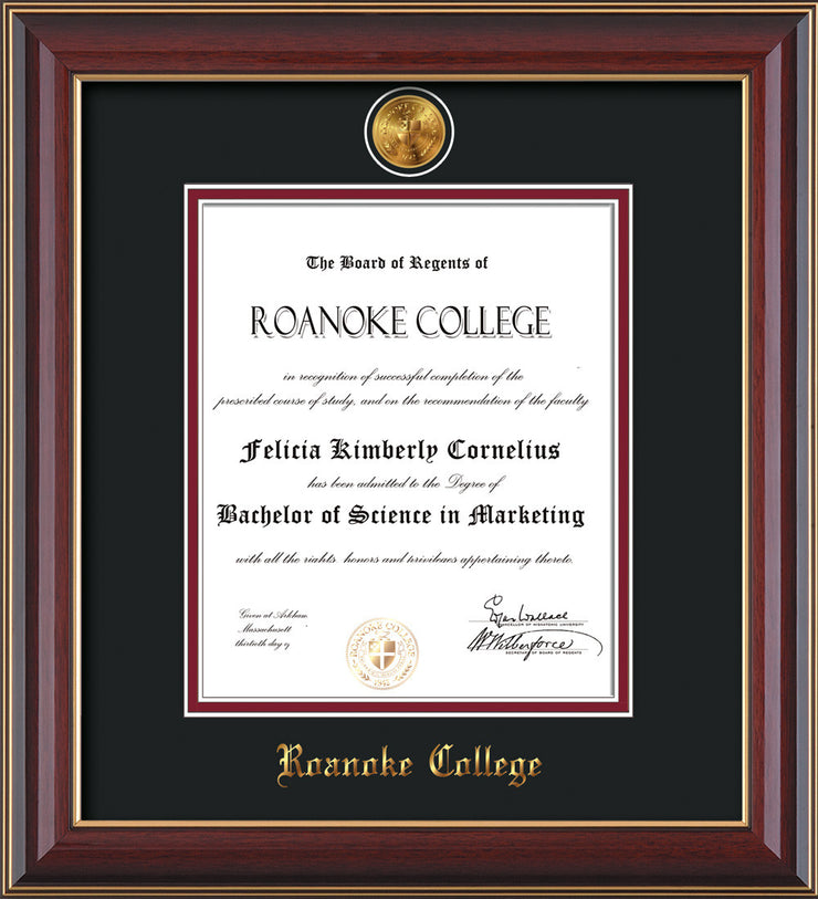 Image of Roanoke College Diploma Frame - Cherry Lacquer - w/24k Gold-Plated Medallion RC Name Embossing - Black on Maroon mats