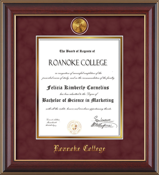 Image of Roanoke College Diploma Frame - Cherry Lacquer - w/24k Gold-Plated Medallion RC Name Embossing - Garnet Suede on Gold mats
