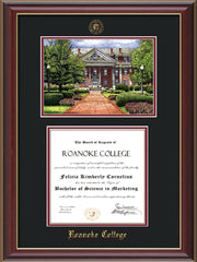 Image of Roanoke College Diploma Frame - Cherry Lacquer - w/Embossed RC Seal & Name - w/Campus Watercolor - Black on Maroon mat