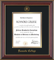 Image of Roanoke College Diploma Frame - Cherry Lacquer - w/Embossed RC Seal & Name - Black on Gold mat