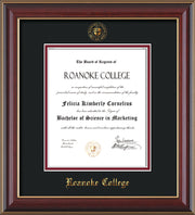 Image of Roanoke College Diploma Frame - Cherry Lacquer - w/Embossed RC Seal & Name - Black on Maroon mat