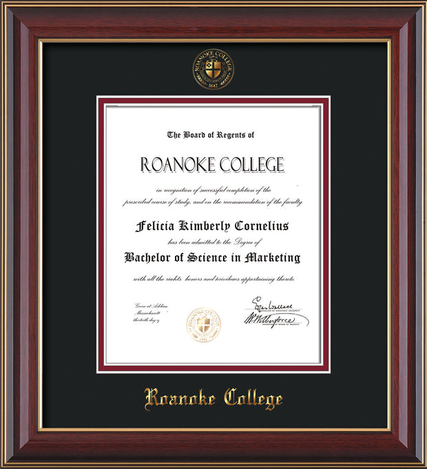 Image of Roanoke College Diploma Frame - Cherry Lacquer - w/Embossed RC Seal & Name - Black on Maroon mat