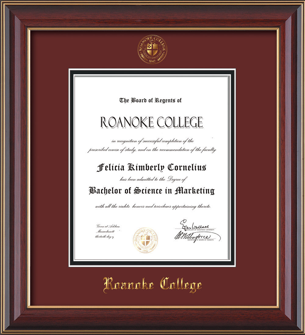 Roanoke College Diploma Frame-Che Lacquer-w/RC Seal-Maroon/Black