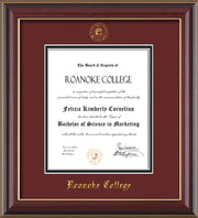 Image of Roanoke College Diploma Frame - Cherry Lacquer - w/Embossed RC Seal & Name - Maroon on Black mat