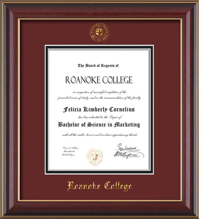 Image of Roanoke College Diploma Frame - Cherry Lacquer - w/Embossed RC Seal & Name - Maroon on Black mat