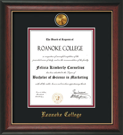 Image of Roanoke College Diploma Frame - Rosewood w/Gold Lip - w/24k Gold-Plated Medallion RC Name Embossing - Black on Maroon mats