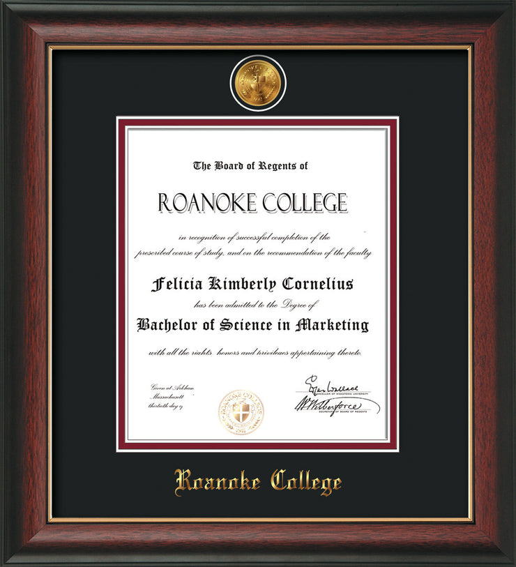 Image of Roanoke College Diploma Frame - Rosewood w/Gold Lip - w/24k Gold-Plated Medallion RC Name Embossing - Black on Maroon mats