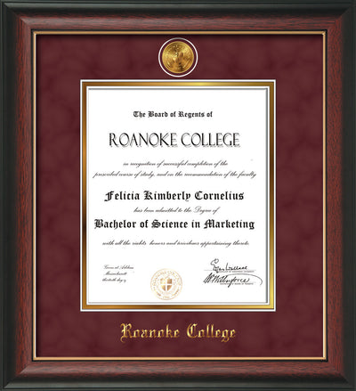 Image of Roanoke College Diploma Frame - Rosewood w/Gold Lip - w/24k Gold-Plated Medallion RC Name Embossing - Garnet Suede on Gold mats