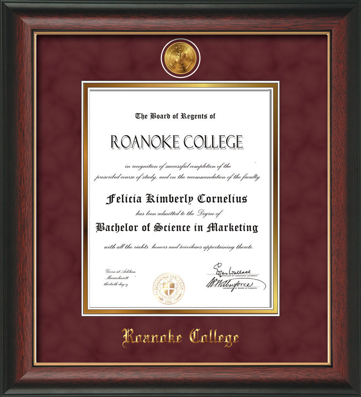 Image of Roanoke College Diploma Frame - Rosewood w/Gold Lip - w/24k Gold-Plated Medallion RC Name Embossing - Garnet Suede on Gold mats