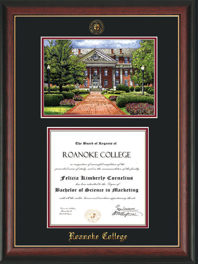 Image of Roanoke College Diploma Frame - Rosewood w/Gold Lip - w/Embossed RC Seal & Name - w/Campus Watercolor - Black on Maroon mat