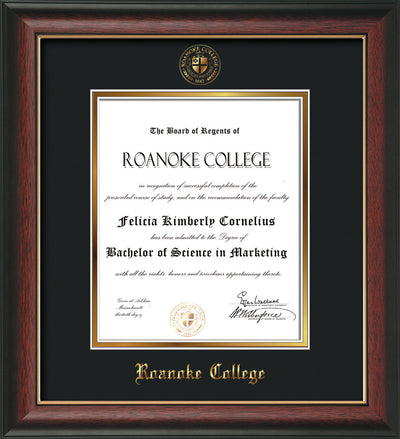 Image of Roanoke College Diploma Frame - Rosewood w/Gold Lip - w/Embossed RC Seal & Name - Black on Gold mat