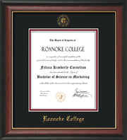 Image of Roanoke College Diploma Frame - Rosewood w/Gold Lip - w/Embossed RC Seal & Name - Black on Maroon mat