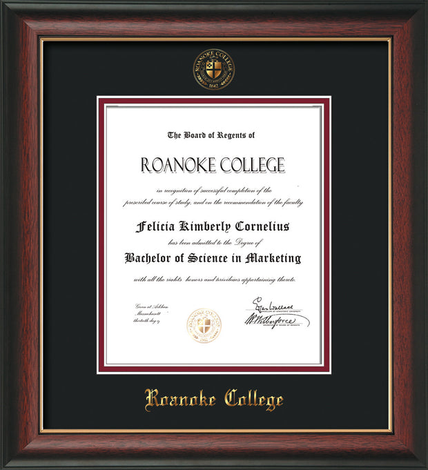 Image of Roanoke College Diploma Frame - Rosewood w/Gold Lip - w/Embossed RC Seal & Name - Black on Maroon mat