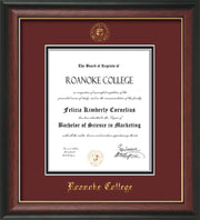Image of Roanoke College Diploma Frame - Rosewood w/Gold Lip - w/Embossed RC Seal & Name - Maroon on Black mat