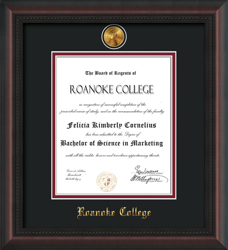 Image of Roanoke College Diploma Frame - Mahogany Braid - w/24k Gold-Plated Medallion RC Name Embossing - Black on Maroon mats