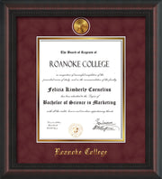 Image of Roanoke College Diploma Frame - Mahogany Braid - w/24k Gold-Plated Medallion RC Name Embossing - Garnet Suede on Gold mats