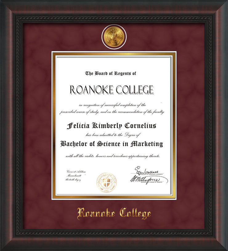Image of Roanoke College Diploma Frame - Mahogany Braid - w/24k Gold-Plated Medallion RC Name Embossing - Garnet Suede on Gold mats