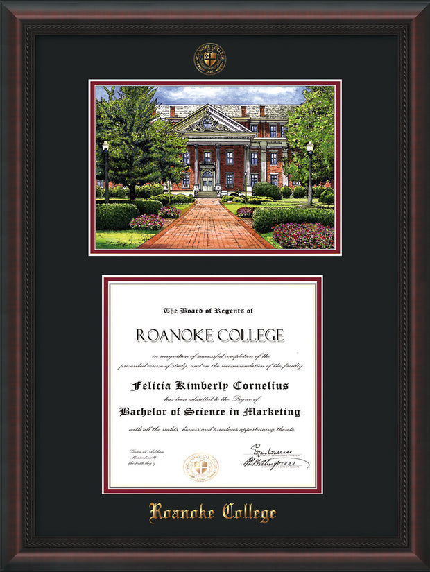 Image of Roanoke College Diploma Frame - Mahogany Braid - w/Embossed RC Seal & Name - w/Campus Watercolor - Black on Maroon mat