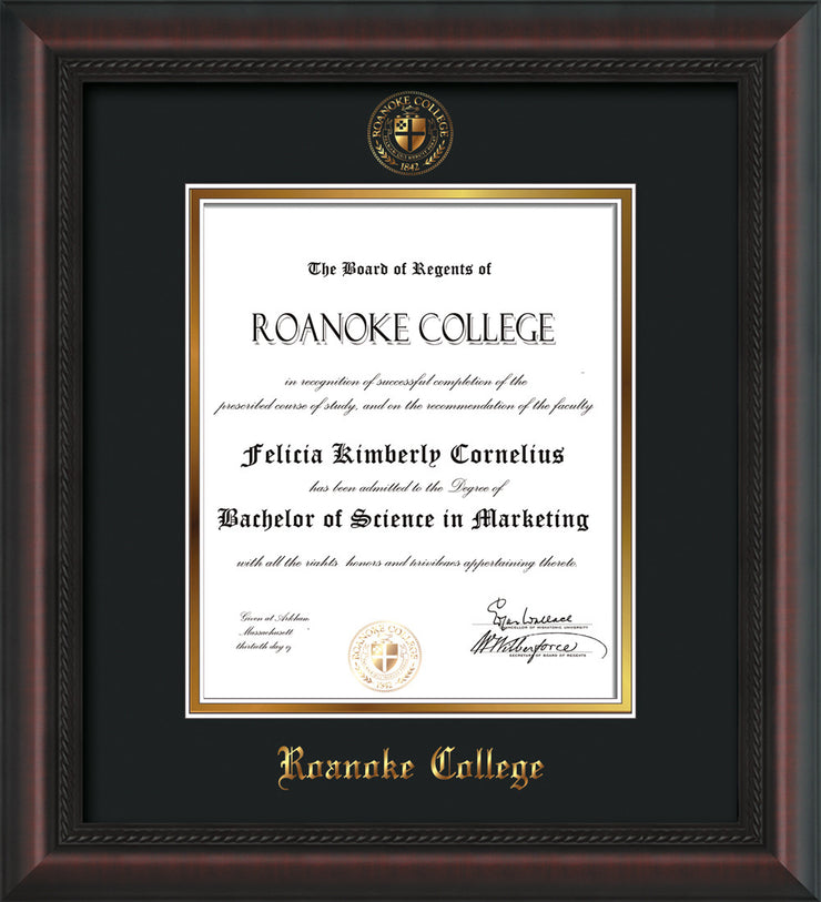 Image of Roanoke College Diploma Frame - Mahogany Braid - w/Embossed RC Seal & Name - Black on Gold mat