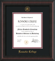 Image of Roanoke College Diploma Frame - Mahogany Braid - w/Embossed RC Seal & Name - Black on Maroon mat
