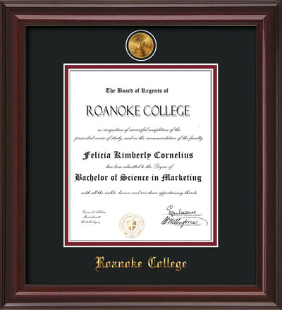 Image of Roanoke College Diploma Frame - Mahogany Lacquer - w/24k Gold-Plated Medallion RC Name Embossing - Black on Maroon mats