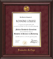 Image of Roanoke College Diploma Frame - Mahogany Lacquer - w/24k Gold-Plated Medallion RC Name Embossing - Garnet Suede on Gold mats