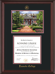 Image of Roanoke College Diploma Frame - Mahogany Lacquer - w/Embossed RC Seal & Name - w/Campus Watercolor - Black on Maroon mat