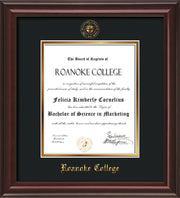 Image of Roanoke College Diploma Frame - Mahogany Lacquer - w/Embossed RC Seal & Name - Black on Gold mat