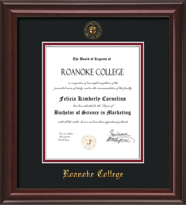 Image of Roanoke College Diploma Frame - Mahogany Lacquer - w/Embossed RC Seal & Name - Black on Maroon mat