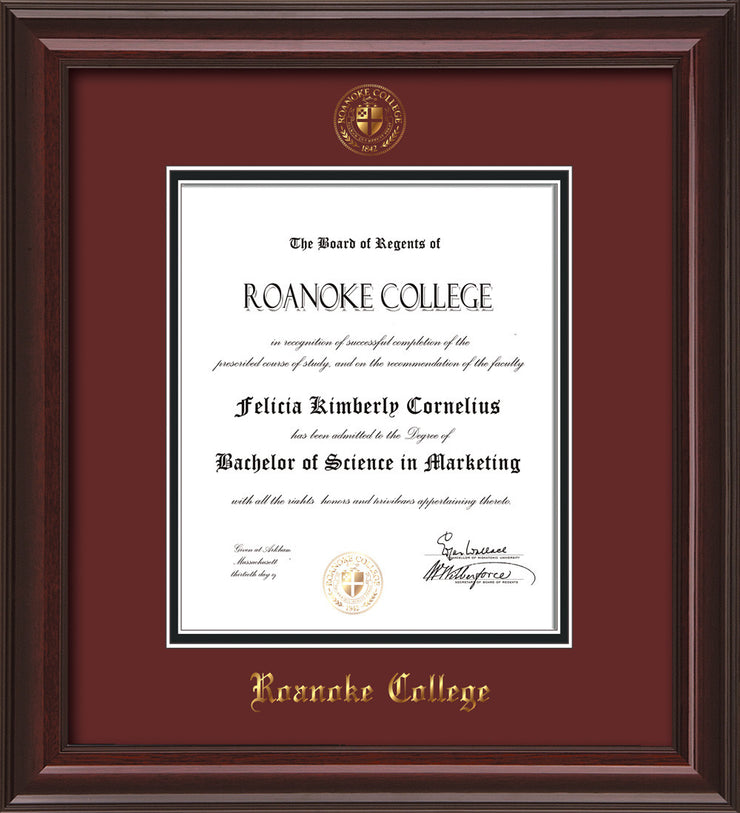 Image of Roanoke College Diploma Frame - Mahogany Lacquer - w/Embossed RC Seal & Name - Maroon on Black mat