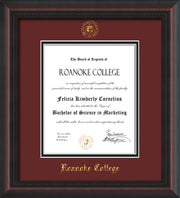 Image of Roanoke College Diploma Frame - Mahogany Braid - w/Embossed RC Seal & Name - Maroon on Black mat