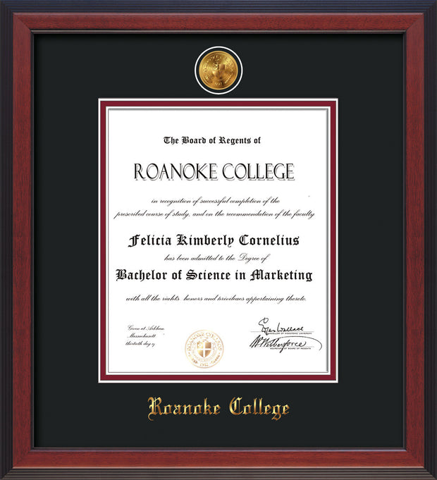 Image of Roanoke College Diploma Frame - Cherry Reverse - w/24k Gold-Plated Medallion RC Name Embossing - Black on Maroon mats
