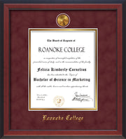 Image of Roanoke College Diploma Frame - Cherry Reverse - w/24k Gold-Plated Medallion RC Name Embossing - Garnet Suede on Gold mats