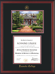 Image of Roanoke College Diploma Frame - Cherry Reverse - w/Embossed RC Seal & Name - w/Campus Watercolor - Black on Maroon mat