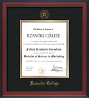 Image of Roanoke College Diploma Frame - Cherry Reverse - w/Embossed RC Seal & Name - Black on Gold mat