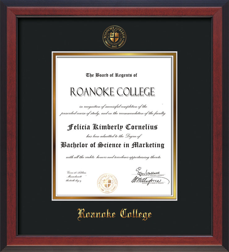 Image of Roanoke College Diploma Frame - Cherry Reverse - w/Embossed RC Seal & Name - Black on Gold mat