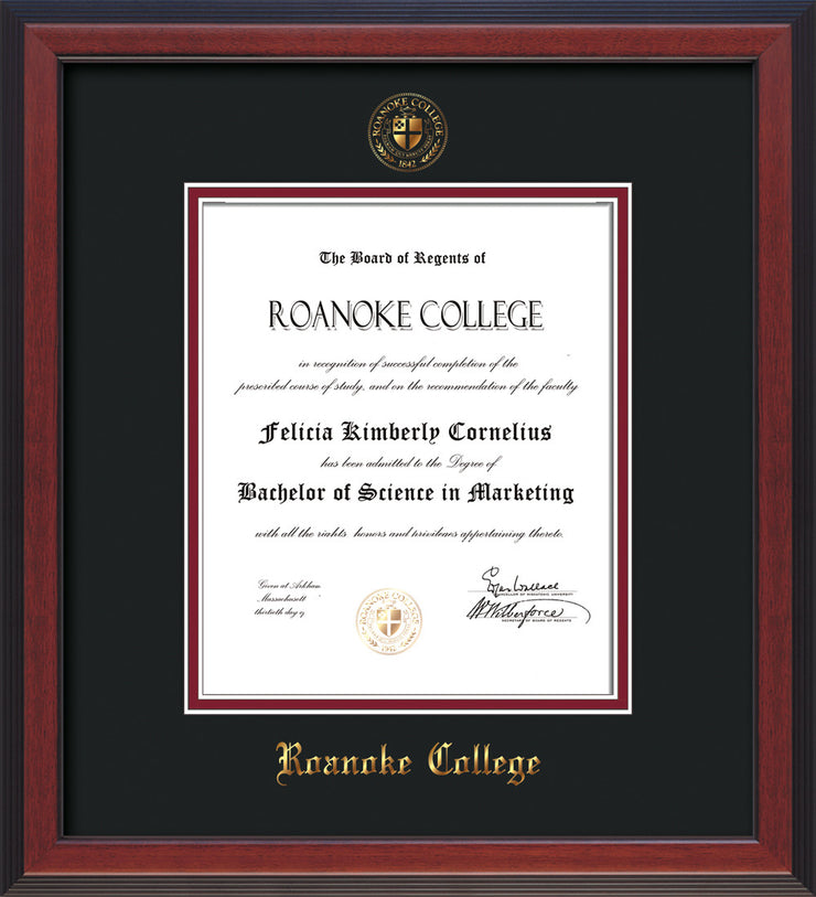 Image of Roanoke College Diploma Frame - Cherry Reverse - w/Embossed RC Seal & Name - Black on Maroon mat